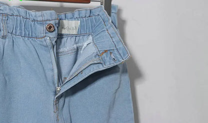 Casual High Waist Cotton Stretch Denim Capri Pants with Pleated Hem Elastic Waist Ladies Faion Spring Autumn Wear