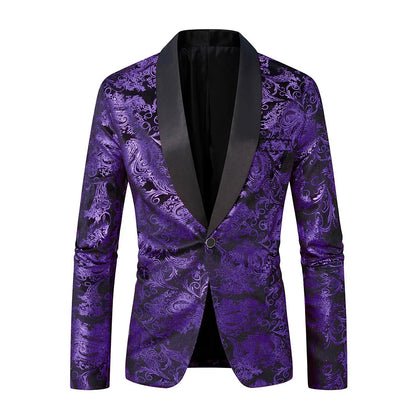 Men's Long-sleeved Suit Jacket, Purple Printed Black Collar Single-button Coat, Wedding/Party/Stage Performance Blazers