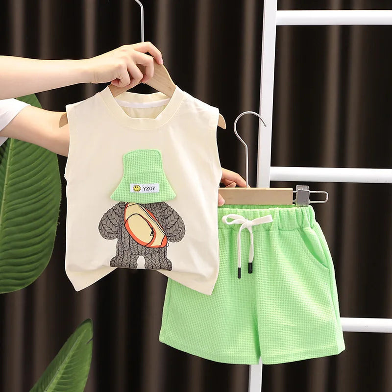 Korean Children Summer Sets Girl Boy Sleeveless Vest Shorts Suit Child Clothing Fashion Outfits Kids Costume