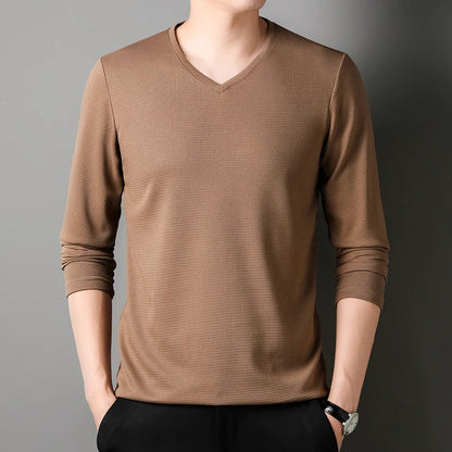 Minimalist Men's V-neck Long Sleeve T-shirt Soft Knitted Fabric Comfortable Top for All Seasons