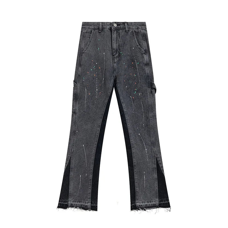Splash Ink Embroidery Painted Jeans Men Worn Soft 3D Hollow Long Flared Pants Montage Hip Hop Repair Tall Street Cotton Elastic2