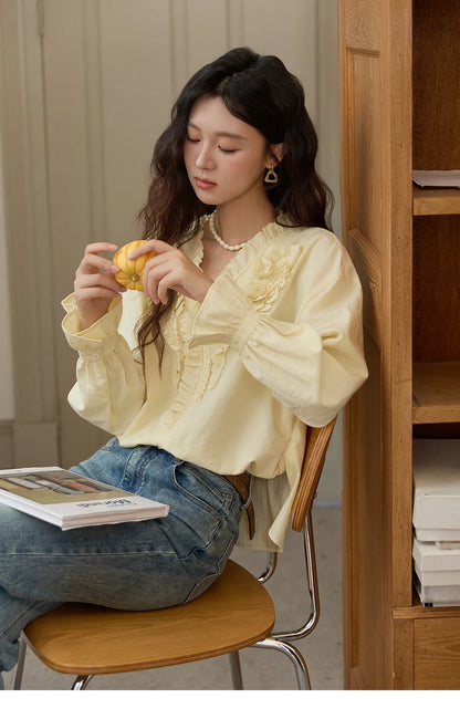 Hand Sewn Rose Blouse for Women Autumn 2025 V-neck  Edible Tree Fungus Edge Tops Sweet Lantern Sleeves Blouses MXE44X2470