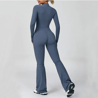 VITALINOVO Women Long Sleeve Flare Workout Jumpsuit Zip Up Romper Bottom Pants Wide Leg Full Length Bodysuit Bodycon One Piece