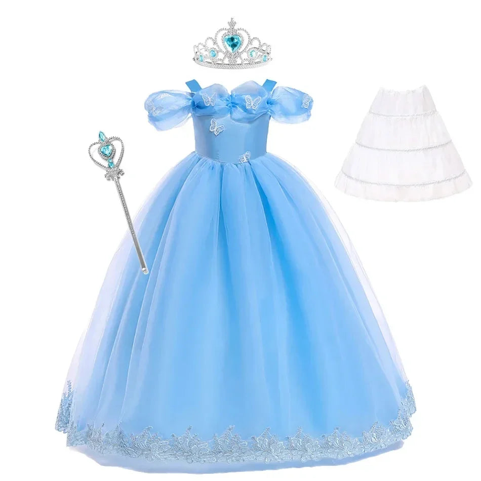 Girls New Year Blue Long Dress for Kids Christmas Birthday Party Dresses Butterfly Cinderella Cosplay Costumes Chidren Outfits