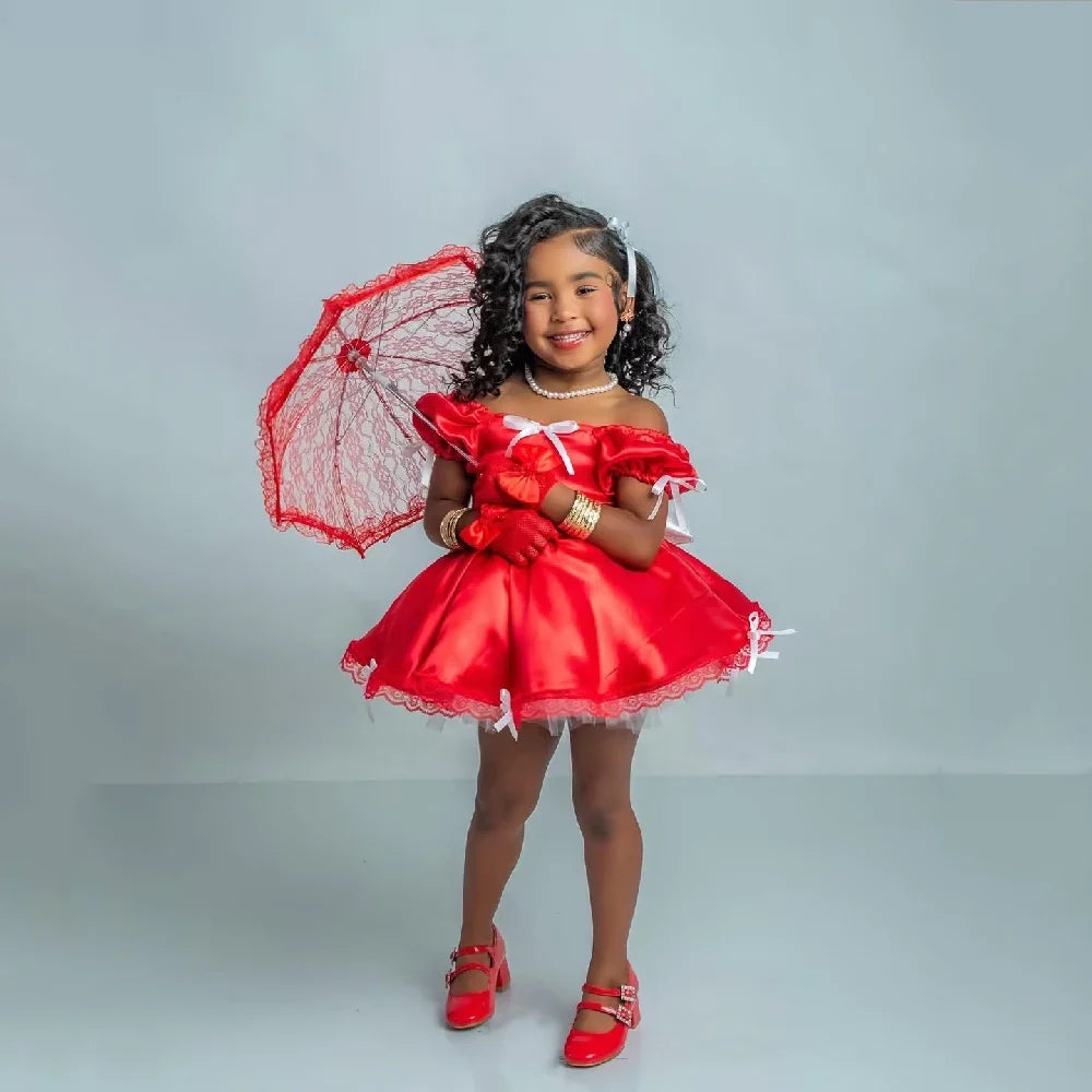 Shiny Mini Satin Girl Flowers Dress O Neck Short Sleeves A Line Ball Gowns Kid Birthday Dress Celebrity Customized