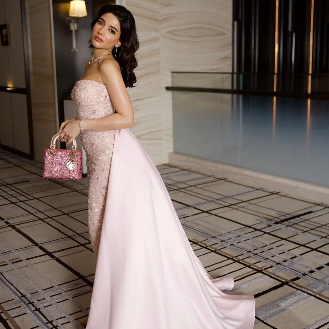 Customized Pink Glitter Strapless Backless robes de soirée Sleeveless Mermaid Party Dresses Floor-Length Prom Dress 2025