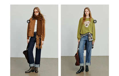 Women Denim Jeans 2025 Autumn New Lyocell Rolling Up Hem Elastic and Simple Straight Leg Ankle Length Pants