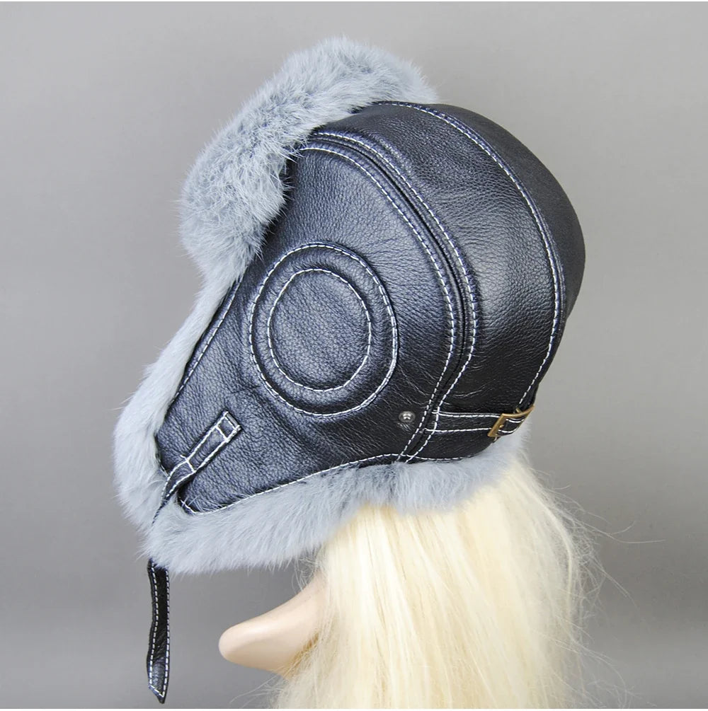 Hot Sale Winter Women's 100% Real Rabbit Fur Bomber Hat Ushanka Cap Trapper Russian Woman Ski Hats Caps Real Sheepskin Leather