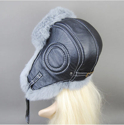 Hot Sale Winter Women's 100% Real Rabbit Fur Bomber Hat Ushanka Cap Trapper Russian Woman Ski Hats Caps Real Sheepskin Leather
