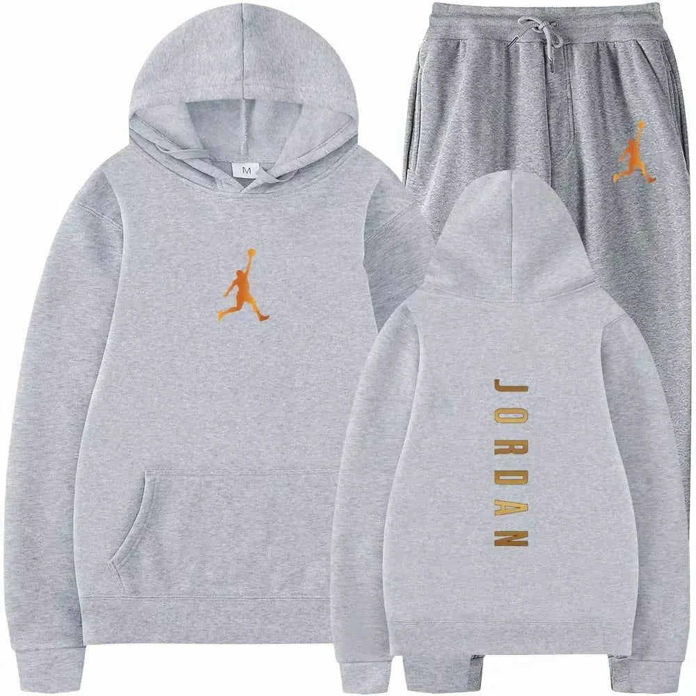 Men's pullovers for autumn and winter, solid-color hoodie + stretch waist jogging pants two-piece set, fashionable outdoor casua