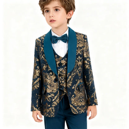 Gold Embroidery Suit Set for Boys 3-14 Yrs, Communion Suit Jacket Vest Pants Set, Stylish Shawl Neck Children Tuxedo