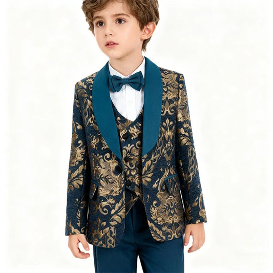 Gold Embroidery Suit Set for Boys 3-14 Yrs, Communion Suit Jacket Vest Pants Set, Stylish Shawl Neck Children Tuxedo