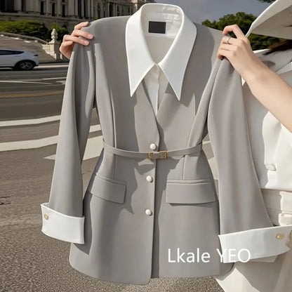 Women's Suit Coat 2025 Spring Autumn Advanced Popular Ladies  Blazer Jacket Casual Fake Two Items Temperament Lady Outerwear