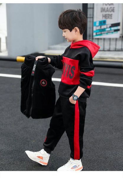 Winter Boys Warm Fleece Lined Zip Waistcoat+Sweatshirt+Sweatpant Sets School Kids 3PCS Tracksuit Children Workout Outfit 5-14Yrs
