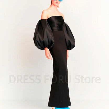Simple Strapless Evening Dress Off the Shoulder Puff Three Quarter Floor Length Back Slit Women Backless with Zipper Gowns