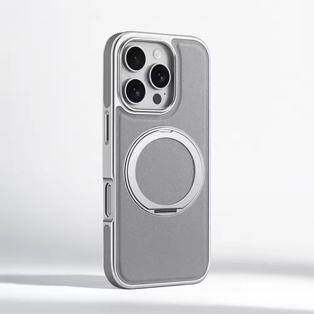 Business Plating Frame 360 Alloy Stand Holder Leather Magnetic Case For iPhone 16 15 14 13 Pro Max Shockproof Cover For Magsafe