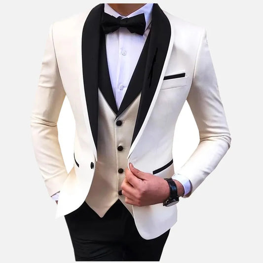 White Slit Mens Suits 3 Piece Black Shawl Lapel Casual Groom Tuxedos for Wedding Groomsmen Suits Men 2025 (Blazer+Vest+Pant)