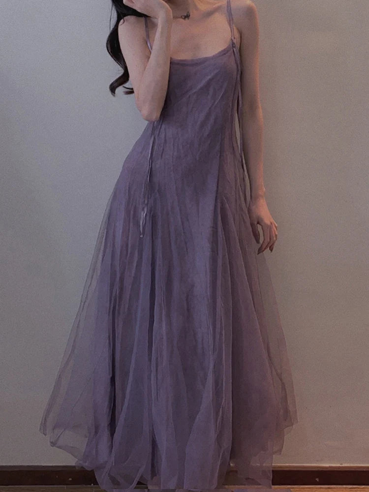 Slimming Effect Purple Mesh Ankle-Length Dress Women's plus Size Strapless Gown Korean Style High Waist A-Line Skirt
