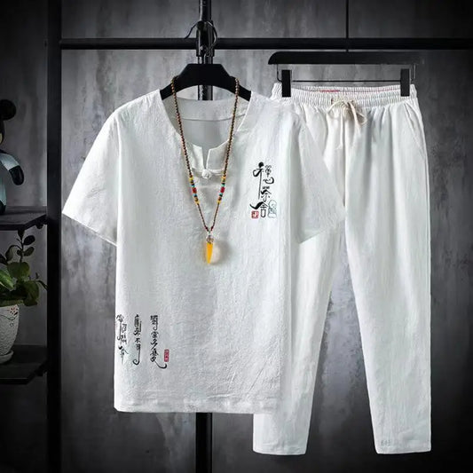 (Shirt + trousers)2025 summer Chinese Style men shirt Cotton and linen shirts men's High quality casual shirts Two Piece M-5XL