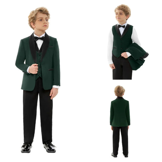 Dark Green Boys Slim Fit Suits 4 Pieces Daily School Outfit Handsome Smart Kids Suit Set Birthday Party Wear Plus Size Tuxedo