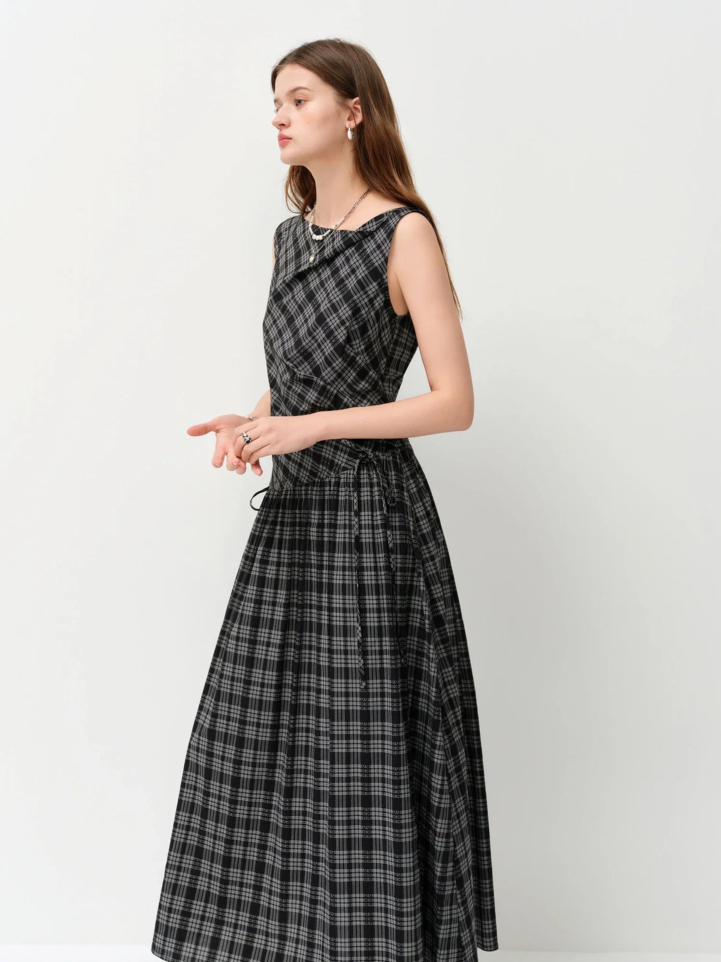 2026 Summer Women One Shoulder Asymmetrical Sleeveless Dress Plaid Check Midi Dress for Rebellious Prep & Vacation Style