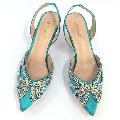 New Elegant Green Bling Bow Pointed Toe Pumps for Women 2024 Party italian Rhinestones shoes and bags matching set