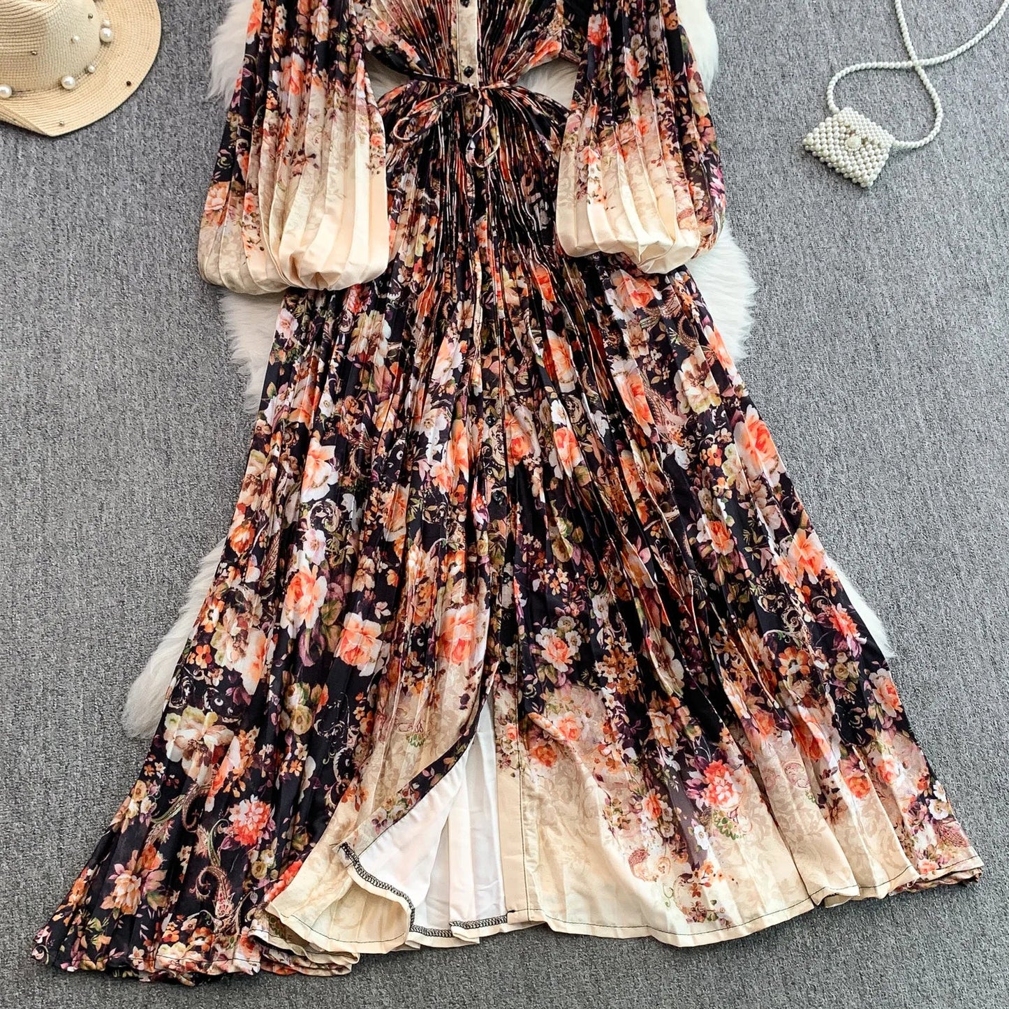 Ele Printed round Ne Lantern Sve Dr Women's Single Button Waist Cinch Maxi Skirt Long Dr Commute Sle Autumn