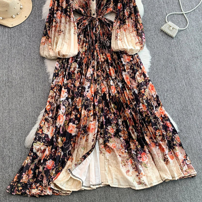 Ele Printed round Ne Lantern Sve Dr Women's Single Button Waist Cinch Maxi Skirt Long Dr Commute Sle Autumn