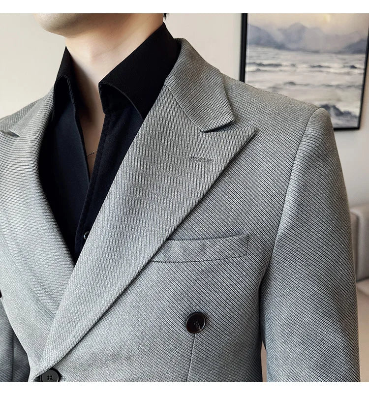 High Quality Men Double Breasted Blazer Suede Gilded Twill Slim Fit Business Social Formal Suit Jacket Tailcoats Men Clothes