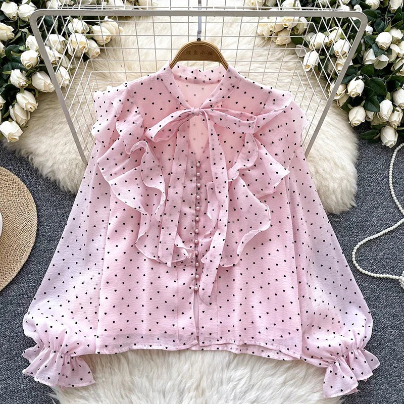 French Sweet Long Sleeved Blouse Women's Clothing Spring Autumn Bow Ruffle Edge Polka Dot Printed Chiffon Shirt Top C42