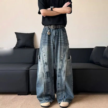 Korean Retro Jeans Men'S Curved Knife Pants Design Sense Vintage Casual Straight Leg Pants Loose Large Pocket Wide Leg Pants