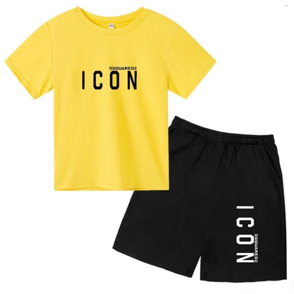 ICON print  2-12 Years Boys Girl  Children Clothes T-shirts+ Shorts Sets Casual Short Sleeve shorts suits