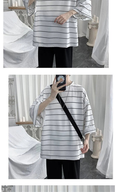 2026 Summer Oversized T-Shirt Men Funny Harajuku Tshirt Streetwear Femme Striped Japan Hip Hop Loose Half Sleeve T Shirts Male