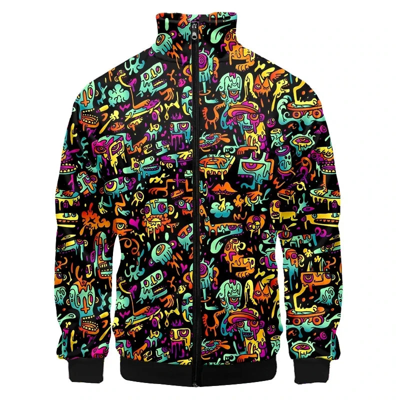 Colorful Monster Graffiti Art Men's Plus Size 3D Jacket Sportswear Spring Stand-up Collar Zipper Sweater Baseball Jacket Men's