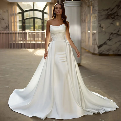 Gorgeous Mermaid Wedding Dress Detachable Train Customized Scoop Neck Beading Sequined Satin Bridal Gown Robe Mariee