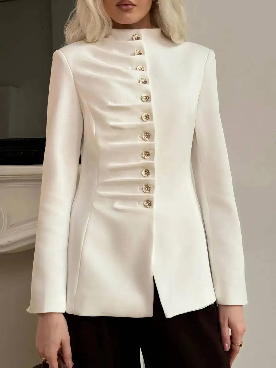 Women 2026 Spring Autumn Mandarin Collar Blazer Ruched Front Multi Row Buttons Long Sleeve Fit Formal Office Outerwear Coat