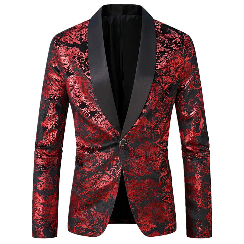 Men's Long-sleeved Suit Jacket, Purple Printed Black Collar Single-button Coat, Wedding/Party/Stage Performance Blazers