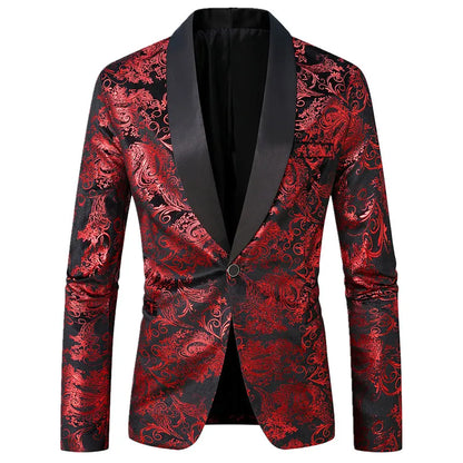 Men's Long-sleeved Suit Jacket, Purple Printed Black Collar Single-button Coat, Wedding/Party/Stage Performance Blazers
