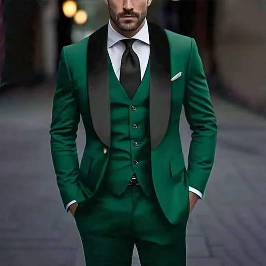 Elegant man suit Green Men Suits Blazer Formal Black Shawl Lapel Slim Fit Clothing High Quality 3 Piece Jacket Pants Vest