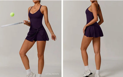 Womens Tennis Dress with Shorts Underneath Workout Dress with Built-in Bra Deep V Neck Athletic Dresses Golf Dress