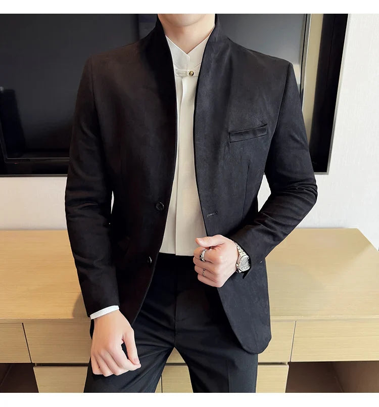 New Blazer Cowhide Velvet Korean Version Business Slim Fit Suit Stand Collar Fashionable Casual Suit Jacket Men Formal Clothing