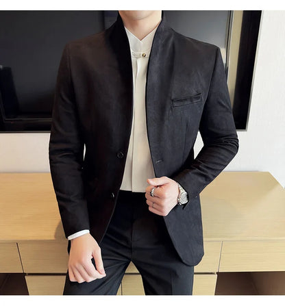New Blazer Cowhide Velvet Korean Version Business Slim Fit Suit Stand Collar Fashionable Casual Suit Jacket Men Formal Clothing