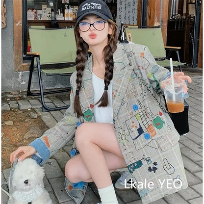 Women's Blazer Jacket 2025 Spring Autumn Fashion Graffiti Printed Ladies Lattice Suit Coat Casual Korean Version Lady Outerwear