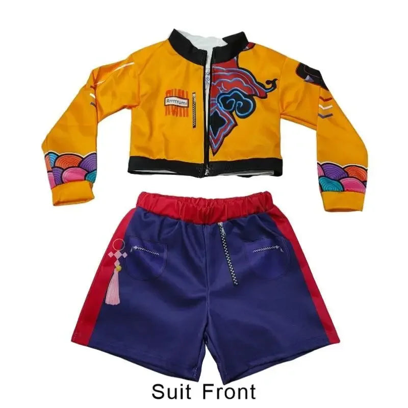 Movie Rumi Cosplay Costume for Girl Halloween Carnival Christmas Rumi Orange Jacket Vest and Shorts Three-piece Set Dress Up