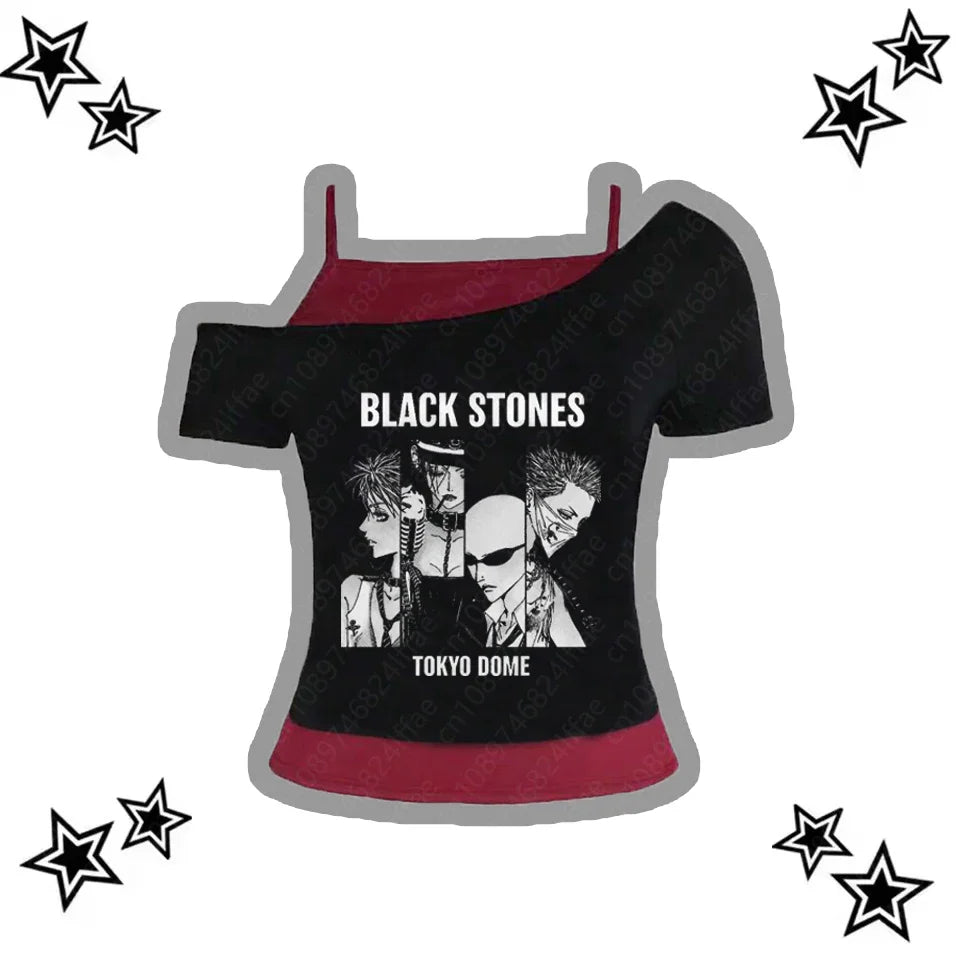 Vintage 90s Punk Gothic Streetwear Women's T-Shirt Emo Y2K Suspenders Top Harajuku Aesthetic Anime Tees Sexy 2000s Clothing