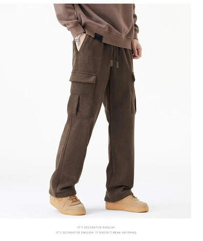 2026 New in Winter Corduroy Pants Men Straight Wide Leg Cargo Trouser Male Elastic Waist Loose Fit Thick Brown Warm Fleece Plush