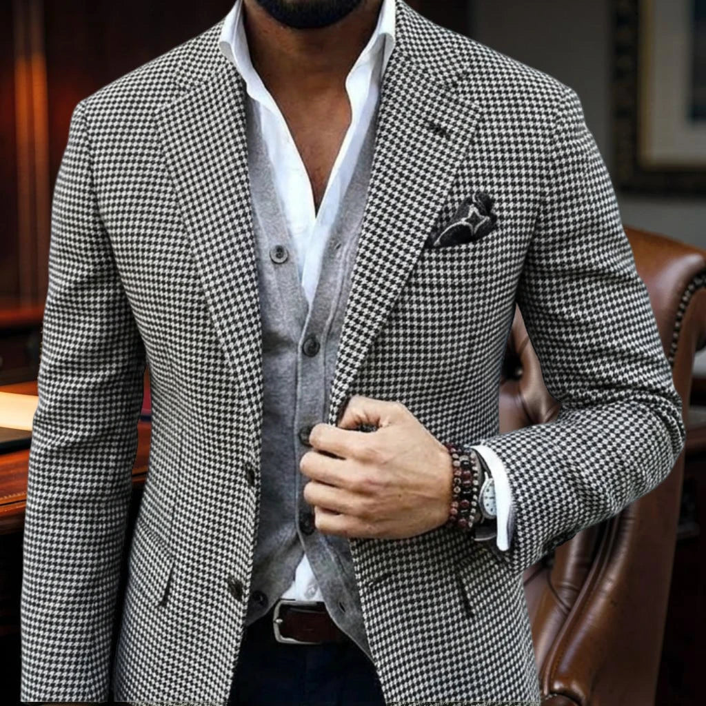 Plaid Suit Jacket for Men 1 Pieces Slim Fit Notched Lapel Houndstooth Wedding Blazer with Two Buttons Stock Classy Male Fashion