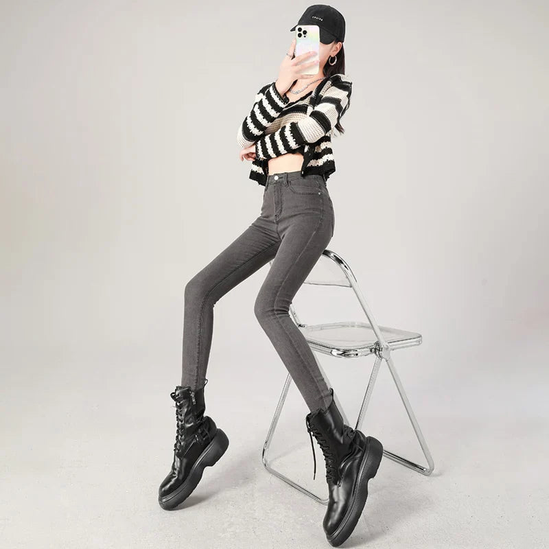 2024 Sexy Women Blue Slim Skinny Denim Jeans High Waist Elastic Mom Jeans Stretch Washed Pencil Pants Streetwear Tight Trousers