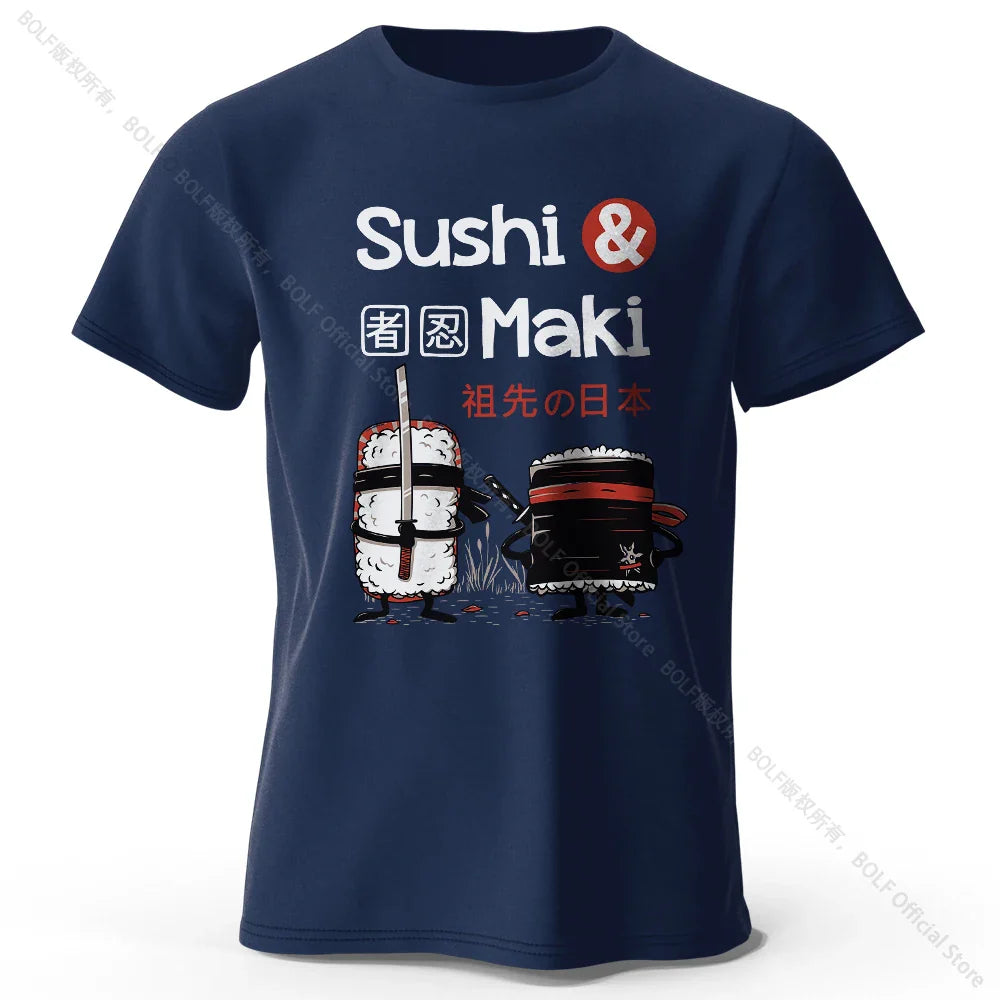 Kawaii Sushi Harajuku Printed 100% Cotton T-Shirt, Soft & Breathable Round Neck Short Sleeve Tee, Unisex Cute Style