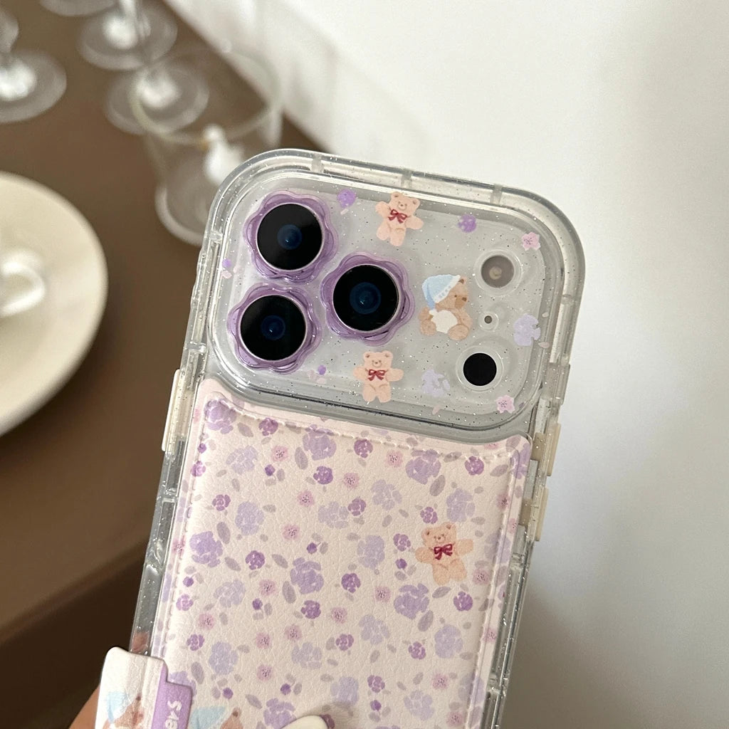 Gentle Purple Flower Stereoscopic Bear Artificial Leather Plush Ball Lanyard Phone Cover Case for iPhone 17 16 15 14 Pro Max